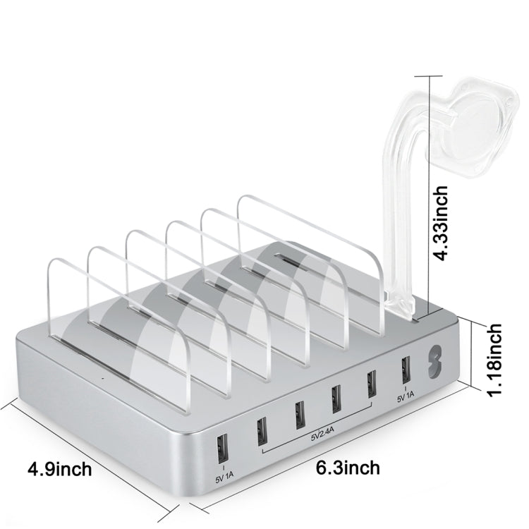 008 Multi-function DC5V/10A (Max) Output 6 Ports USB Detachable Charging Station Smart Charger(Silver) - Multifunction Charger by buy2fix | Online Shopping UK | buy2fix