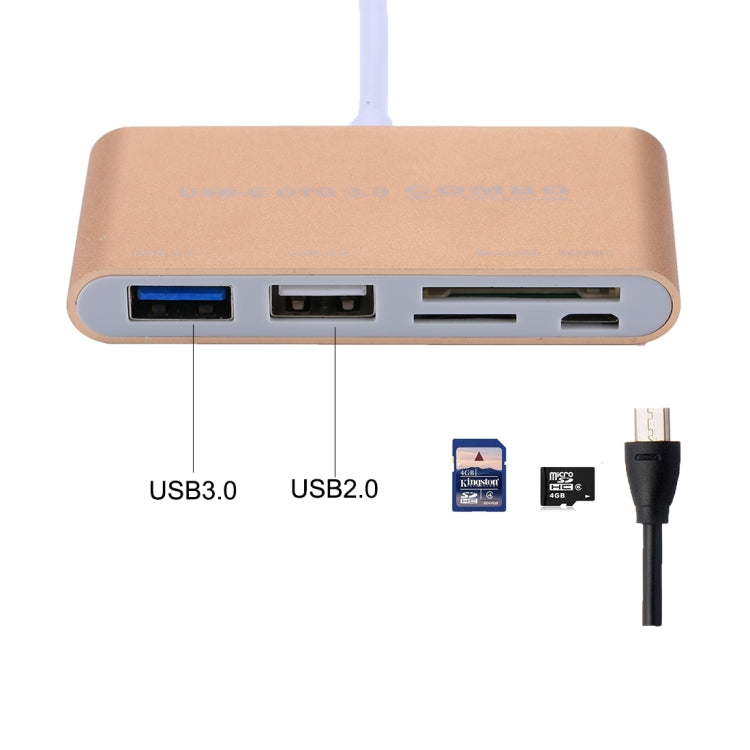 5 in 1 Micro SD + SD + USB 3.0 + USB 2.0 + Micro USB Port to USB-C / Type-C OTG COMBO Adapter Card Reader for Tablet, Smartphone, PC(Gold) - Computer & Networking by buy2fix | Online Shopping UK | buy2fix