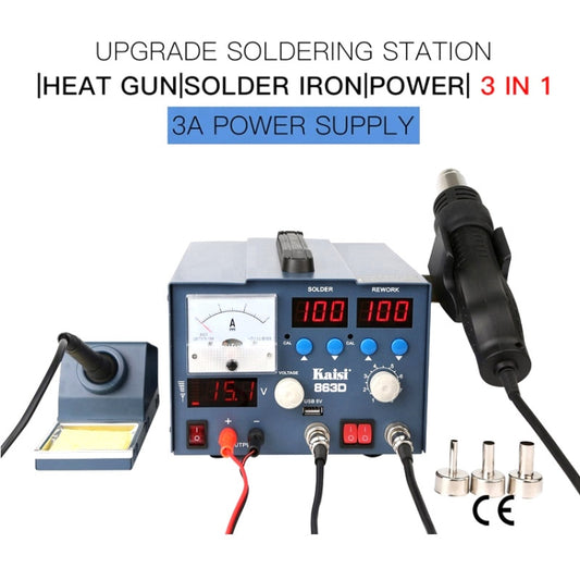 Kaisi K-863D 3 in 1 Hot Air Gun Soldering Station SMD Rework Station With 3A DC Power Supply for Phone PCB Welding Repair Machine, EU Plug by Kaisi