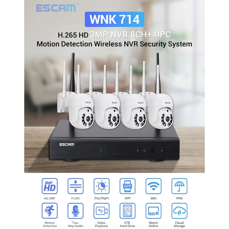 ESCAM WNK714 3.0 Million Pixels 4-channel HD Dome Camera NVR Wireless Monitoring Kit, EU Plug - Security by ESCAM | Online Shopping UK | buy2fix