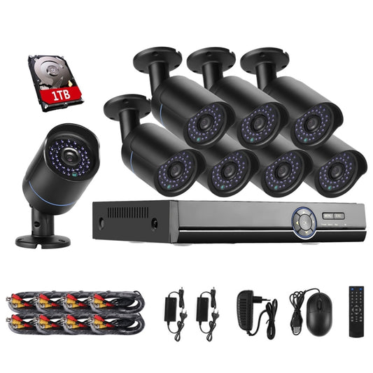 A8B5 8 Channel 720P 1.0 Mega Pixel 8 x Bullet IP Cameras AHD DVR Kit with 1TB HDD Disk, Support Night Vision / Motion Detection, IR Distance: 20m(Black) - Security by buy2fix | Online Shopping UK | buy2fix
