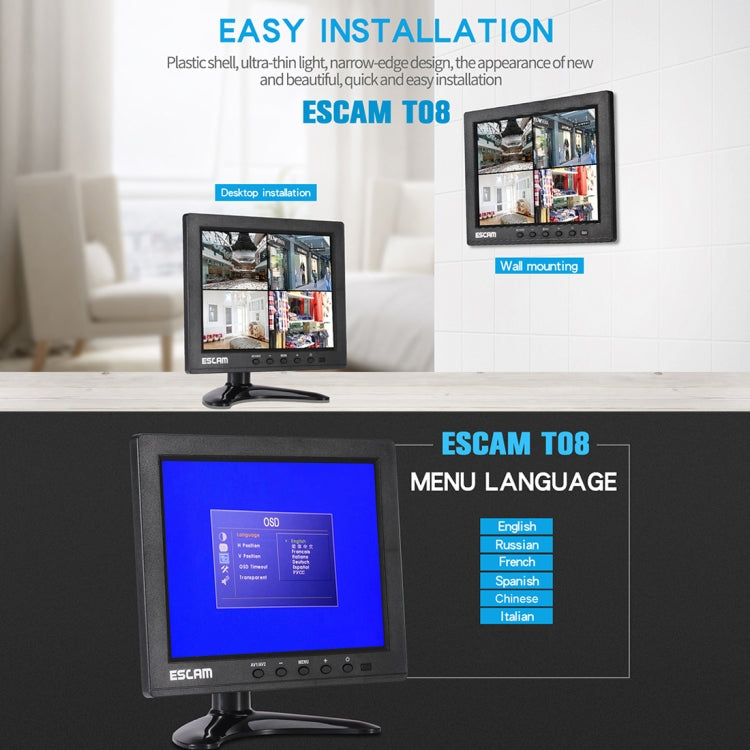 ESCAM T08 8 inch TFT LCD 1024x768 Monitor with VGA & HDMI & AV & BNC & USB for PC CCTV Security - Consumer Electronics by ESCAM | Online Shopping UK | buy2fix