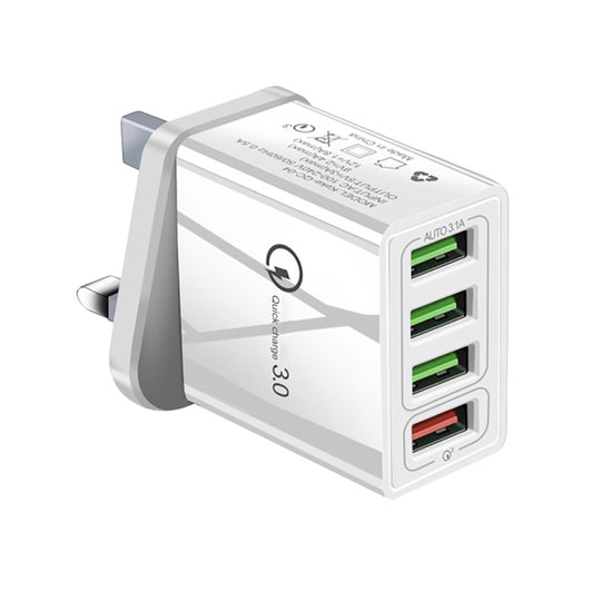 30W QC 3.0 USB + 3 USB 2.0 Ports Mobile Phone Tablet PC Universal Quick Charger Travel Charger, UK Plug(White)
