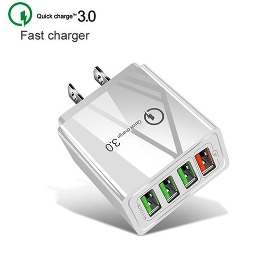 2 in 1 USB to USB-C / Type-C Data Cable + 30W QC 3.0 4 USB Interfaces Mobile Phone Tablet PC Universal Quick Charger Travel Charger Set, US Plug(White) by buy2fix