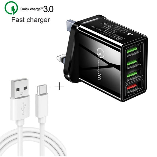 2 in 1 1m USB to USB-C / Type-C Data Cable + 30W QC 3.0 4 USB Interfaces Mobile Phone Tablet PC Universal Quick Charger Travel Charger Set, UK Plug(Black) by buy2fix