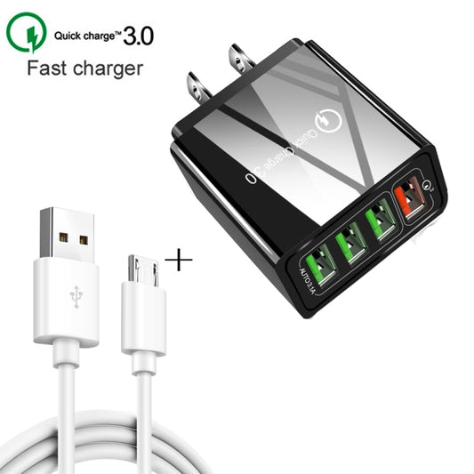 2 in 1 1m USB to Micro USB Data Cable + 30W QC 3.0 4 USB Interfaces Mobile Phone Tablet PC Universal Quick Charger Travel Charger Set, US Plug(White) by buy2fix