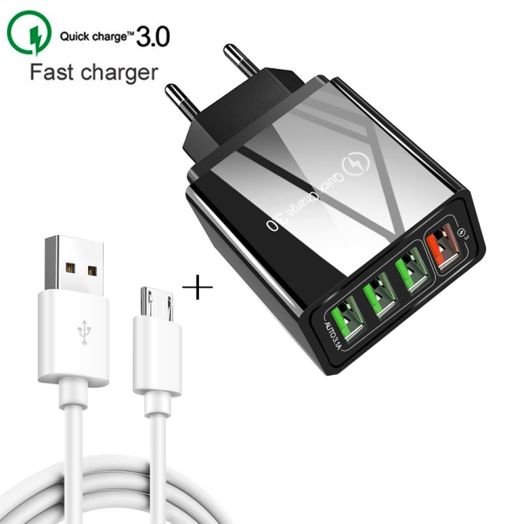 2 in 1 1m USB to Micro USB Data Cable + 30W QC 3.0 4 USB Interfaces Mobile Phone Tablet PC Universal Quick Charger Travel Charger Set, EU Plug(White) - Mobile Accessories by buy2fix | Online Shopping UK | buy2fix