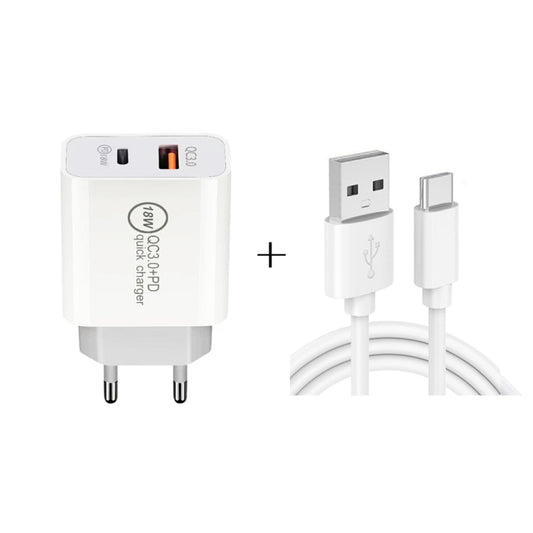 SDC-18W 18W PD 3.0 Type-C / USB-C + QC 3.0 USB Dual Fast Charging Universal Travel Charger with USB to Type-C / USB-C Fast Charging Data Cable, EU Plug - Mobile Accessories by buy2fix | Online Shopping UK | buy2fix