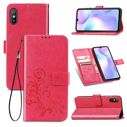 For Xiaomi Redmi 9A Four-leaf Clasp Embossed Buckle Horizontal Flip TPU + PU Leather Case with Lanyard & Card Slot & Wallet & Holder(Magenta) - Xiaomi Cases by buy2fix | Online Shopping UK | buy2fix