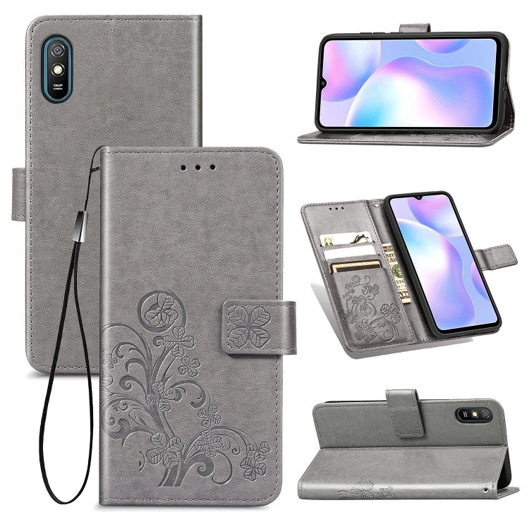 For Xiaomi Redmi 9A Four-leaf Clasp Embossed Buckle Horizontal Flip TPU + PU Leather Case with Lanyard & Card Slot & Wallet & Holder(Gray) - Xiaomi Cases by buy2fix | Online Shopping UK | buy2fix