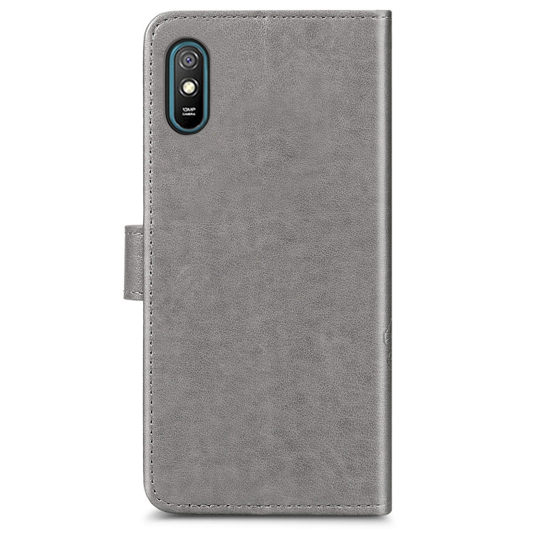For Xiaomi Redmi 9A Four-leaf Clasp Embossed Buckle Horizontal Flip TPU + PU Leather Case with Lanyard & Card Slot & Wallet & Holder(Gray) - Xiaomi Cases by buy2fix | Online Shopping UK | buy2fix