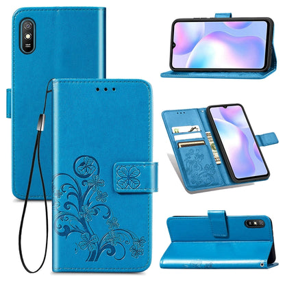 For Xiaomi Redmi 9A Four-leaf Clasp Embossed Buckle Horizontal Flip TPU + PU Leather Case with Lanyard & Card Slot & Wallet & Holder(Blue) - Xiaomi Cases by buy2fix | Online Shopping UK | buy2fix