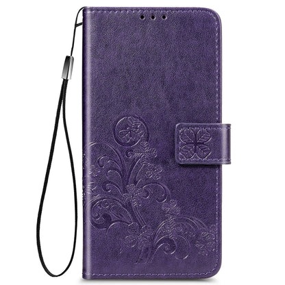 For Xiaomi Redmi 9A Four-leaf Clasp Embossed Buckle Horizontal Flip TPU + PU Leather Case with Lanyard & Card Slot & Wallet & Holder(Purple) - Xiaomi Cases by buy2fix | Online Shopping UK | buy2fix