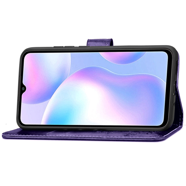 For Xiaomi Redmi 9A Four-leaf Clasp Embossed Buckle Horizontal Flip TPU + PU Leather Case with Lanyard & Card Slot & Wallet & Holder(Purple) - Xiaomi Cases by buy2fix | Online Shopping UK | buy2fix
