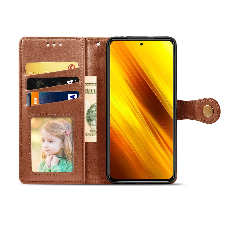 For Xiaomi Poco X3 NFC Retro Solid Color Leather Buckle Phone Case with Lanyard & Photo Frame & Card Slot & Wallet & Stand Function(Brown) by buy2fix