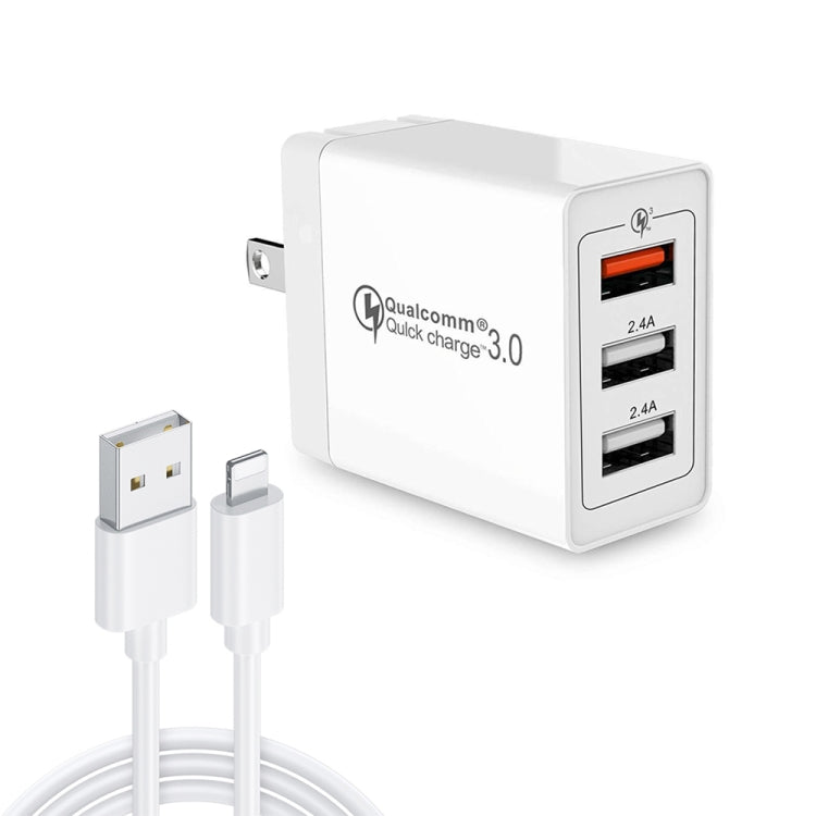 SDC-30W 2 in 1 USB to 8 Pin Data Cable + 30W QC 3.0 USB + 2.4A Dual USB 2.0 Ports Mobile Phone Tablet PC Universal Quick Charger Travel Charger Set,  US Plug - Apple Accessories by buy2fix | Online Shopping UK | buy2fix