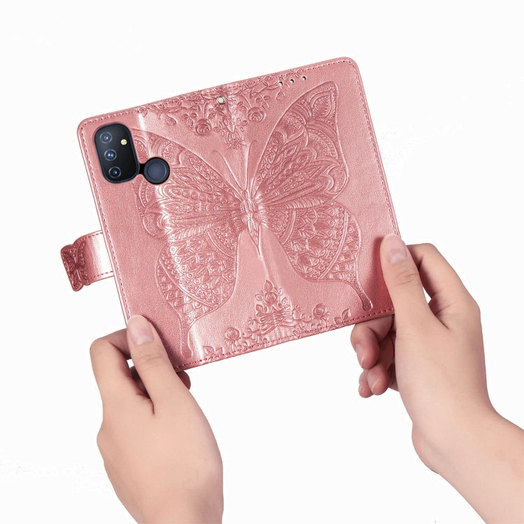 For OnePlus Nord N100 Butterfly Love Flower Embossed Horizontal Flip Leather Case with Bracket / Card Slot / Wallet / Lanyard(Rose Gold) - OnePlus Cases by buy2fix | Online Shopping UK | buy2fix