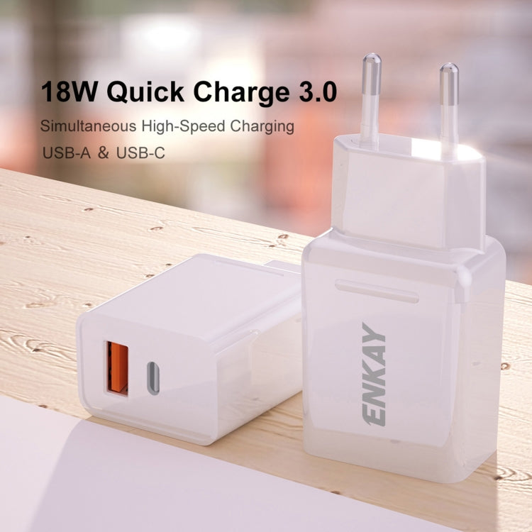 ENKAY Hat-Prince T030 18W 3A PD + QC3.0 Dual USB Fast Charging Power Adapter EU Plug Portable Travel Charger With 1m 3A Type-C Cable - Mobile Accessories by ENKAY | Online Shopping UK | buy2fix