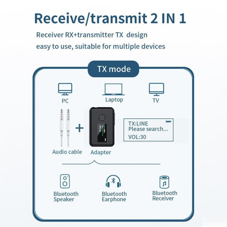 T2 2 in 1 OLED Color Screen Bluetooth 5.0 Wireless Receiver Transmitter - Apple Accessories by buy2fix | Online Shopping UK | buy2fix