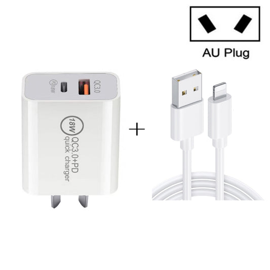 SDC-18W 18W PD 3.0 Type-C / USB-C + QC 3.0 USB Dual Fast Charging Universal Travel Charger with USB to 8 Pin Fast Charging Data Cable, AU Plug - Multifunction Charger by buy2fix | Online Shopping UK | buy2fix