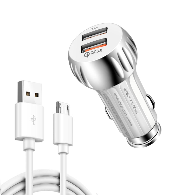 YSY-310QC18W QC3.0 Dual Port USB Car Charger + 3A USB to Micro USB Data Cable, Cable Length: 1m(White) - In Car by buy2fix | Online Shopping UK | buy2fix