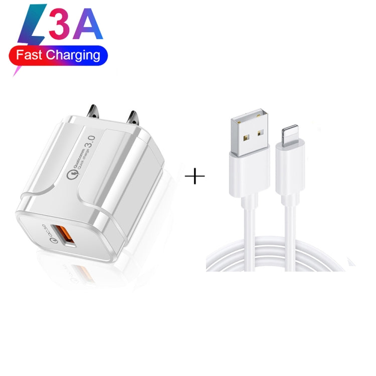 LZ-023 18W QC 3.0 USB Portable Travel Charger + 3A USB to 8 Pin Data Cable, US Plug(White) - Apple Accessories by buy2fix | Online Shopping UK | buy2fix