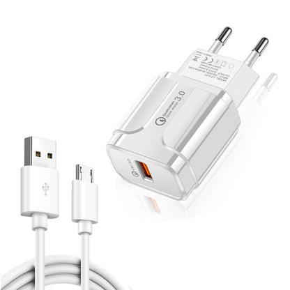 LZ-023 18W QC 3.0 USB Portable Travel Charger + 3A USB to Micro USB Data Cable, EU Plug(White) - Mobile Accessories by buy2fix | Online Shopping UK | buy2fix