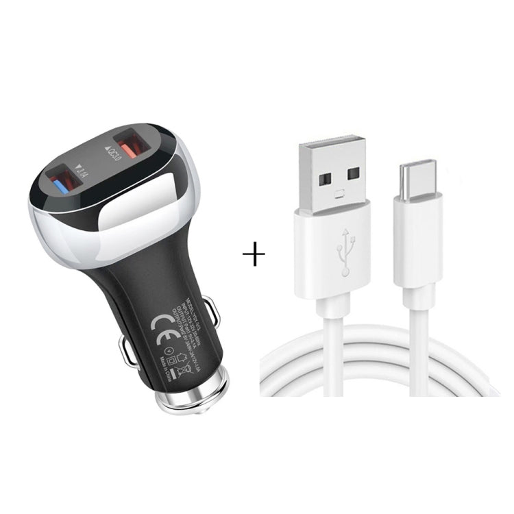 YSY-312 2 in 1 18W Portable QC3.0 Dual USB Car Charger + 1m 3A USB to USB-C / Type-C Data Cable Set(Black) - Car Charger by buy2fix | Online Shopping UK | buy2fix