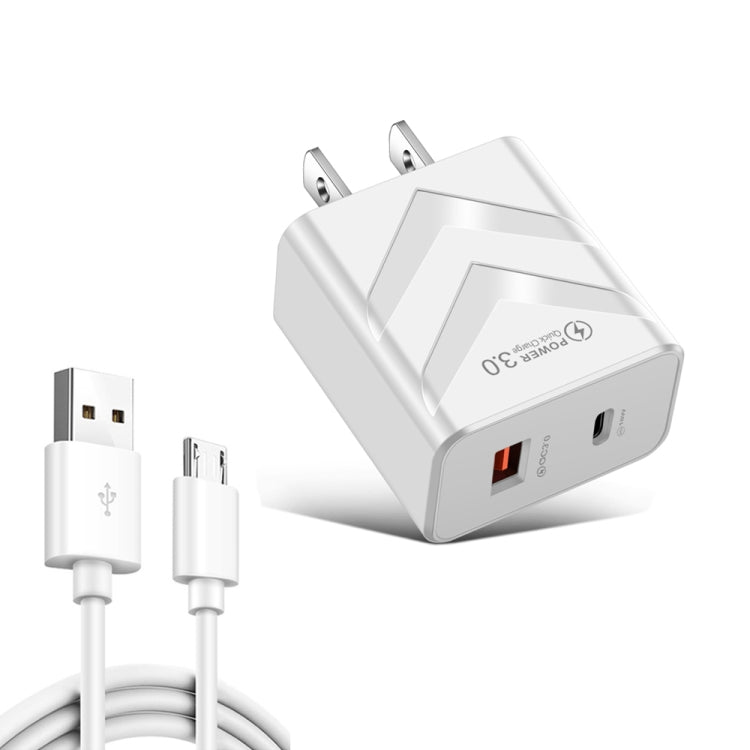 LZ-715 20W PD + QC 3.0 Dual Ports Fast Charging Travel Charger with USB to Micro USB Data Cable , US Plug(White) - Mobile Accessories by buy2fix | Online Shopping UK | buy2fix