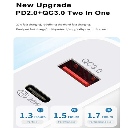 20W PD Type-C + QC 3.0 USB Interface Fast Charging Travel Charger with USB to 8 Pin Fast Charge Data Cable EU Plug - Apple Accessories by buy2fix | Online Shopping UK | buy2fix