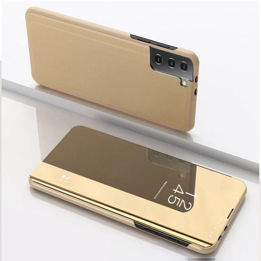 For Samsung Galaxy S21 FE Plated Mirror Horizontal Flip Leather Case with Holder(Gold) - Samsung Accessories by buy2fix | Online Shopping UK | buy2fix