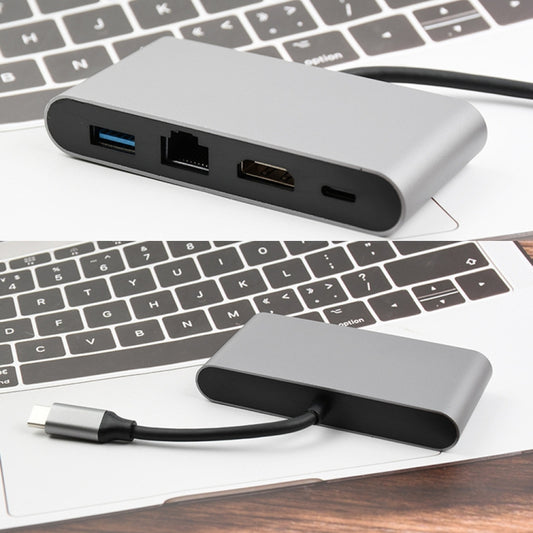 WS-07 Type-C 3.1 to RJ45 + HDMI + USB3.0 + PD 4-in-1 Converter Multifunctional Docking Station by buy2fix