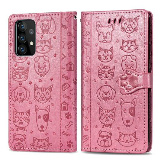 For Samsung Galaxy A52 5G/4G Cute Cat and Dog Embossed Horizontal Flip Leather Case with Holder & Card Slots & Wallet & Crossbody Lanyard & Card Cover(Pink) by buy2fix