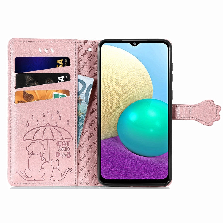 For Samsung Galaxy M02/A02 Cute Cat and Dog Embossed Horizontal Flip Leather Case with Holder & Card Slots & Wallet & Crossbody Lanyard & Card Cover(Rose Gold) by buy2fix