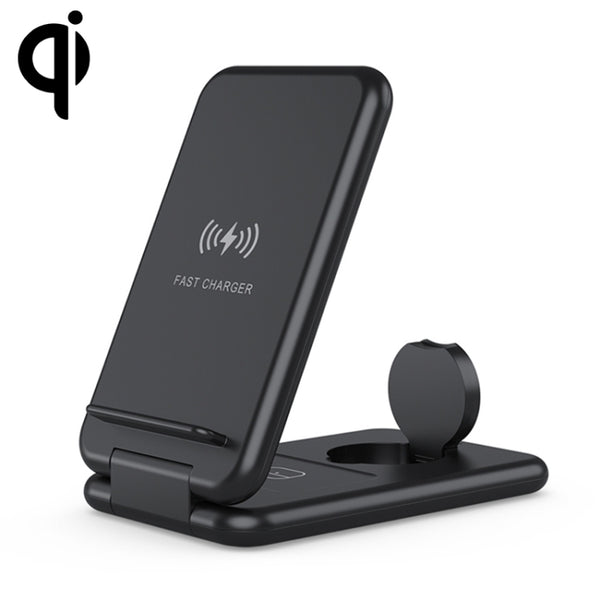 15W 3 in 1 Foldable Qi Fast Wireless Charger Station Phone Holder for iPhones & iWatchs & Airpods(Black) by buy2fix