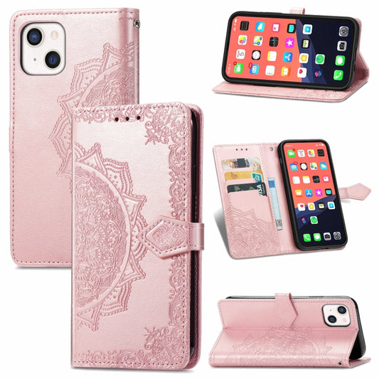 For iPhone 13 Mandala Flower Embossed Horizontal Flip Leather Case with Holder & Three Card Slots & Wallet & Lanyard (Rose Gold) - Apple Accessories by buy2fix | Online Shopping UK | buy2fix