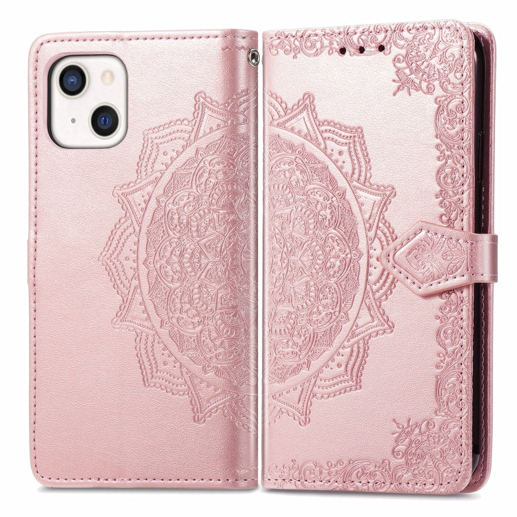 For iPhone 13 Mandala Flower Embossed Horizontal Flip Leather Case with Holder & Three Card Slots & Wallet & Lanyard (Rose Gold) - Apple Accessories by buy2fix | Online Shopping UK | buy2fix