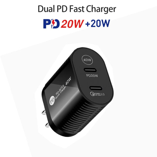 40W Dual Port PD / Type-C Fast Charger with Type-C to 8 Pin Data Cable, US Plug(Black) by buy2fix