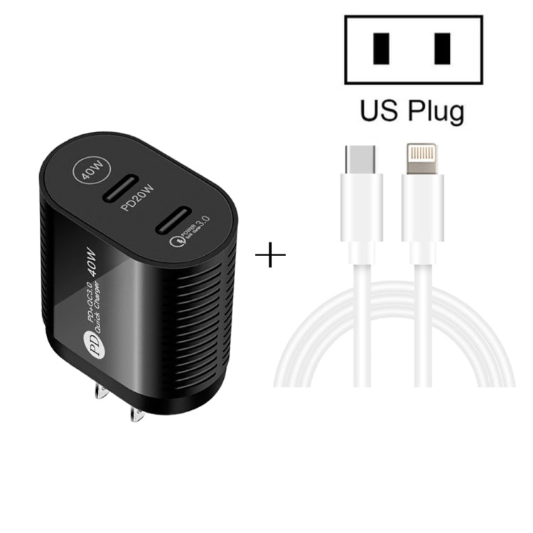 40W Dual Port PD / Type-C Fast Charger with Type-C to 8 Pin Data Cable, US Plug(Black) - Apple Accessories by buy2fix | Online Shopping UK | buy2fix