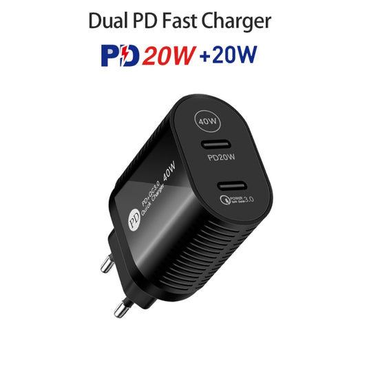 40W Dual Port PD / Type-C Fast Charger with Type-C to 8 Pin Data Cable, EU Plug(Black) by buy2fix