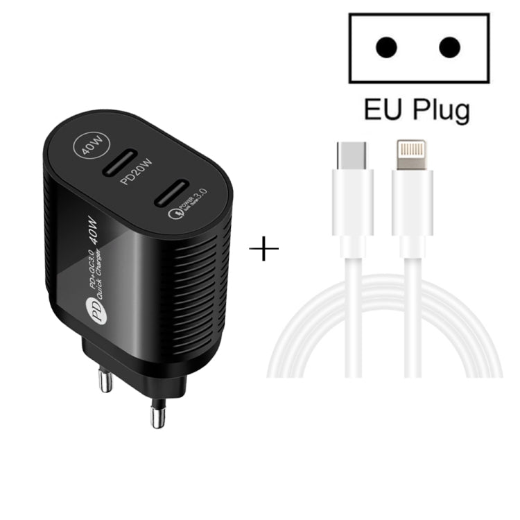 40W Dual Port PD / Type-C Fast Charger with Type-C to 8 Pin Data Cable, EU Plug(Black) - Apple Accessories by buy2fix | Online Shopping UK | buy2fix