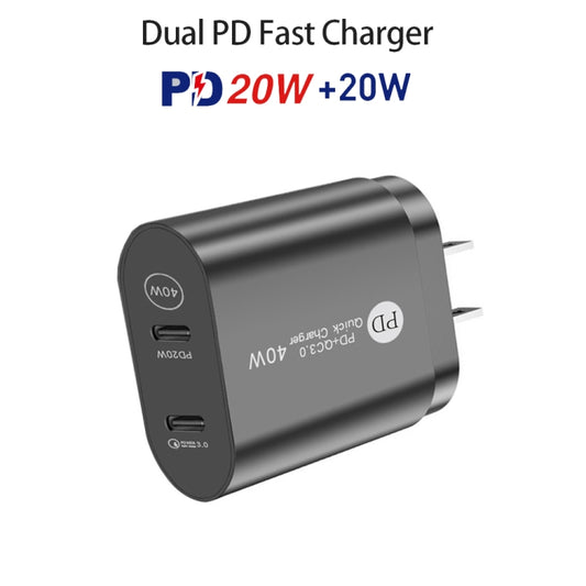 002 40W Dual Port PD USB-C / Type-C Fast Charger for iPhone / iPad Series, US Plug(Black) by buy2fix