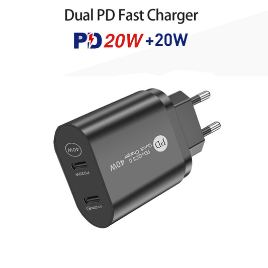002 40W Dual Port PD USB-C / Type-C Fast Charger for iPhone / iPad Series, EU Plug(Black) by buy2fix