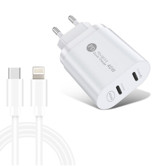 002 40W Dual Port PD / Type-C Fast Charger with USB-C to 8 Pin Data Cable, EU Plug(White) - Apple Accessories by buy2fix | Online Shopping UK | buy2fix