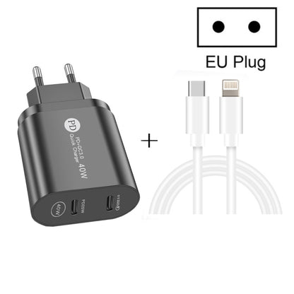 002 40W Dual Port PD / Type-C Fast Charger with USB-C to 8 Pin Data Cable, EU Plug(Black) - Apple Accessories by buy2fix | Online Shopping UK | buy2fix