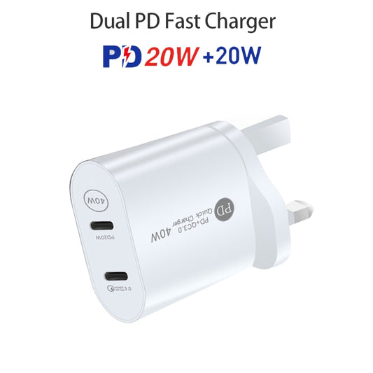 002 40W Dual Port PD / Type-C Fast Charger with USB-C to 8 Pin Data Cable, UK Plug(White) by buy2fix