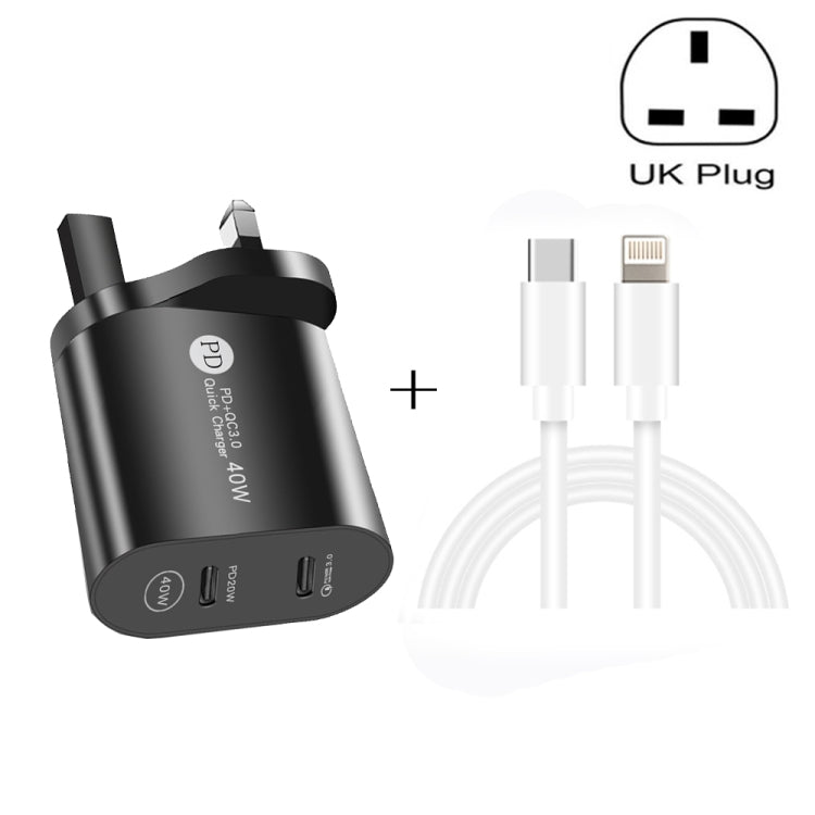 002 40W Dual Port PD / Type-C Fast Charger with USB-C to 8 Pin Data Cable, UK Plug(Black) - Apple Accessories by buy2fix | Online Shopping UK | buy2fix
