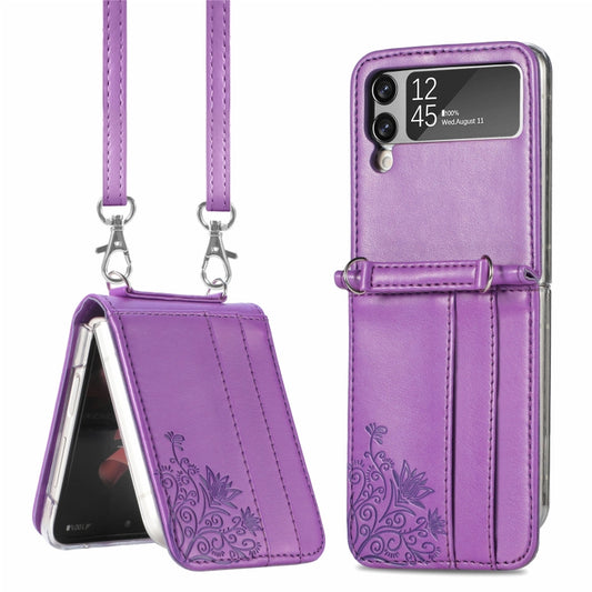 For Samsung Galaxy Z Flip 3 5G Diagonal Lanyard Embossed Card Phone Case(Purple) - Samsung Accessories by buy2fix | Online Shopping UK | buy2fix