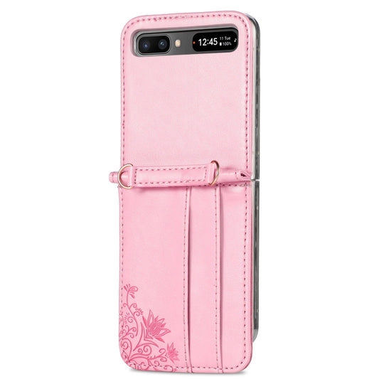For Samsung Galaxy Z Flip 5G Diagonal Lanyard Embossed Card Phone Case(Pink) by buy2fix