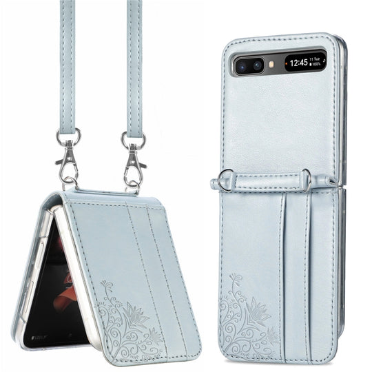 For Samsung Galaxy Z Flip 5G Diagonal Lanyard Embossed Card Phone Case(Silver)